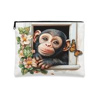 Borsa cosmetica vintage floreale, graziosa scimmia e farfalla, borsa da viaggio per donne, organizer portatile in tela con cerniera per avventure primaverili, 17,8 x 22,9 cm