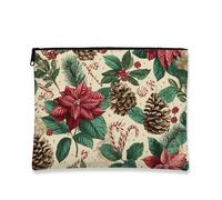 Borsa cosmetica vintage floreale, poinsettia natalizia e pigna, borsa da viaggio per donne, organizer portatile in tela con cerniera, Rosso, 7x9 Inch, Borsa