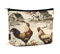 Borsa cosmetica vintage in pelle sintetica con stampa di gallo, ideale per viaggi e tempo libero, con cerniera. Un'elegante trousse da viaggio, perfetta come regalo per ragazze, donne e mamme.