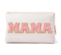 Borsa Cosmetici da Viaggio Preppy Patch Extra Large Varsity Chenille Letter Makeup Bag PU Leather Waterproof Portable Cosmetic Toiletry Bag Organizer Gift(Color:MAMA(pink))