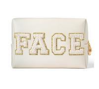 Borsa Cosmetici da Viaggio Preppy Patch Extra Large Varsity Chenille Letter Makeup Bag PU Leather Waterproof Portable Cosmetic Toiletry Bag Organizer Gift(Color:FACE)