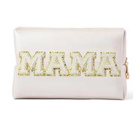 Borsa Cosmetici da Viaggio Preppy Patch Extra Large Varsity Chenille Letter Makeup Bag PU Leather Waterproof Portable Cosmetic Toiletry Bag Organizer Gift(Color:MAMA(white))