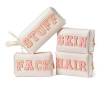 Borsa Cosmetici da Viaggio Preppy Patch Extra Large Varsity Chenille Letter Makeup Bag PU Leather Waterproof Portable Cosmetic Toiletry Bag Organizer Gift(Color:4PCS)