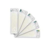 Borsa da 100 fascette bianche da 4,8 x 200 mm, 100% nylon 66, resistenti e durevoli, ideali per organizzare cavi e fissare oggetti.