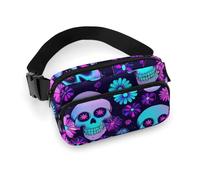 Borsa da cintura alla moda, piccola, portatile con tracolla regolabile per attività all'aperto, allenamento, viaggi, casual, motivo floreale con fiori viola neon e teschio