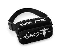 Borsa da cintura alla moda, piccola, portatile con tracolla regolabile per attività all'aperto, allenamento, viaggi, casual, motivo: cuore, battito cardiaco, nero e bianco.