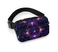 Borsa da cintura portatile da donna, alla moda con tracolla regolabile, simboli della geometria sacra, sole e luna, viola psichedelico