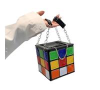 Borsa da donna a forma di cubo, in pelle lucida, con manico a catena, Come descritto.