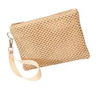 Borsa da donna alla moda in tessuto leggero da spiaggia vacanza da polso borsa busta tinta unita paglia con cerniera portafoglio alla moda pochette da polso alla moda, C, One Size