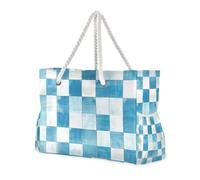 Borsa da donna con motivo a scacchi blu chiaro e bianco, con tasche laterali, grandi borse per piscina, palestra, viaggi