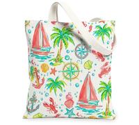 Borsa da donna in tela a vela con bussola tropicale estiva con palma tropicale, lavabile, riutilizzabile, ideale per la spesa, Turchese, 13x15 Inch