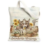 Borsa da donna in tela con asini, rustica, girasoli, margherite, nessuna marrone, lavabile, riutilizzabile, per Shoppi, Marrone, 13x15 Inch