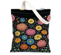 Borsa da donna in tela con fiori colorati, crisantemo, crisantemo, primavera, nera, lavabile, riutilizzabile, estetica, nero, 13x15 Inch