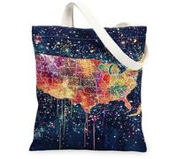 Borsa da donna in tela con mappa, artistica, colorata, con stelle, schizzi, blu estivo, lavabile, riutilizzabile, idea per Sho, Blu, 13x15 Inch
