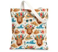 Borsa da donna in tela con mucca, cappello tropicale estivo, con fiore, marrone, lavabile, riutilizzabile, idea per familiari, amici, colleghi, lettura di amori, 33 x 38 cm