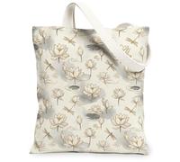 Borsa da donna in tela con ninfea, elegante, con libellula, primavera, crema, lavabile, riutilizzabile, per mercato, Crema, 13x15 Inch