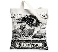 Borsa da donna in tela con scheletro, per Halloween, gotica, candela, lapide, Halloween, nera, lavabile, riutilizzabile, idea per la spesa, nero, 13x15 Inch