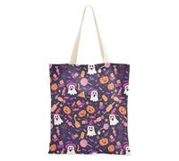 Borsa da donna in tela con tasche, casual, per libri della spesa, con zucche floreali di Halloween blu e bianche, Happy Halloween Dolcetto O scherzetto Candy, Taglia unica