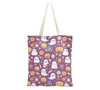 Borsa da donna in tela con tasche, casual, per libri della spesa, con zucche floreali di Halloween blu e bianche, Dolcetto O scherzetto sfondo Halloween, Taglia unica
