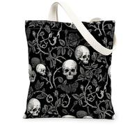 Borsa da donna in tela con teschio, stile gotico, vintage, rosa, farfalla, Halloween, nera, lavabile, riutilizzabile, estetica, idea, nero, 13x15 Inch