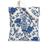 Borsa da donna in tela con uccello, classico vaso di fiori floreale N/a Borsa da mercato riutilizzabile lavabile blu Idee per lo shopping Tr, Blu, 13x15 Inch