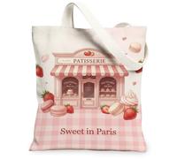 Borsa da donna in tela da pasticceria, elegante, fantasiosa, con torta di fragole, pesca, lavabile, riutilizzabile, per shopping, brunch park, biblioteca, gite di un giorno, 33 x 38 cm