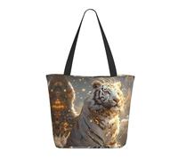 Borsa da donna in tela leggera e riutilizzabile con cerniera e tracolla, motivo: tigre bianca dorata