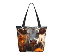 Borsa da donna in tela leggera e riutilizzabile con chiusura lampo e tracolla, motivo: mucca di girasole in un campo di fiori, borsa in cotone per sacchetti di generi alimentari