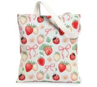 Borsa da donna in tela, motivo fragola, con coccinella e crisantemo, ideale per l'estate, lavabile, riutilizzabile, colore: rosso, Rosso, 13x15 Inch