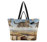 Borsa da donna in tela, per la spesa, per la spesa, da donna, per shopping, con gatto con ali di farfalla sui libri