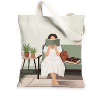 Borsa da donna in tela per libri, moderna, minimalista, con piante e divano, nessuna verde, lavabile, riutilizzabile, estetica, idea per O, Verde, 13x15 Inch