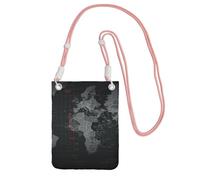 Borsa da donna nera con mappa del mondo per cellulare, custodia a portafoglio con tracolla rosa