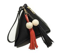 Borsa da donna piccola, 1 pezzo, mini portafoglio con nappa, perle di legno, borsa triangolare con chiusura lampo, portachiavi in pelle, mini portamonete adatto per adolescenti, donne, viaggi, Nero ,