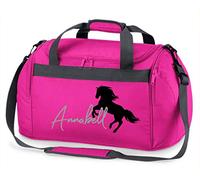 Borsa da equitazione con stampa del nome personalizzabile | motivo cavallo che cresce con nome | Borsa da viaggio e da sport per ragazze per equitazione in diversi colori (fucsia))