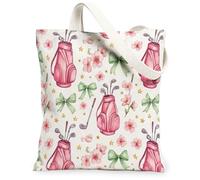 Borsa da golf in tela da donna, primaverile giocoso fiore fiocco primavera pesca lavabile riutilizzabile borsa tote per tutti i giorni idee per familiari, amici, colleghi, lettura amori, 33 x 38 cm