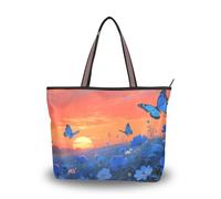 Borsa da lavoro in tessuto di seta con cerniera borsa estiva per pulcino grandi borse da donna per tutti i giorni e viaggi (il tramonto sul mare blu dei fiori) L