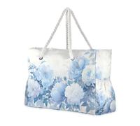 Borsa da lavoro portatile con fiori di peonia blu e bianchi con tasche laterali, borsa da spiaggia sportiva con portabicchieri sul lato