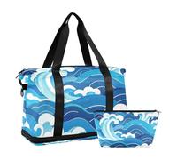 Borsa da palestra blu con motivo a onde della cultura cinese, borsa da viaggio per la notte, con borsa da toeletta per viaggio, set da 2 pezzi, Modello di onda cultura cinese blu, 1 size