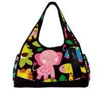 Borsa da palestra, borsone da allenamento, borsa per la notte, giraffa, ippopotamo, elefante, coccodrillo, animale, cartone animato, Fantasia 1571, 47x16.5x27cm(18.5x6.5x10.6in)