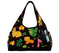 Borsa da palestra, borsone da allenamento, borsa per la notte, giraffa, ippopotamo, elefante, coccodrillo, animale, cartone animato, Motivo 1570, 47x16.5x27cm(18.5x6.5x10.6in)