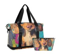 Borsa da palestra con bassotto marrone a forma di simpatico cartone animato, borsa da portare con sé oggetti personali con tracolla regolabile per viaggi pieghevole, Cartone animato carino bassotto