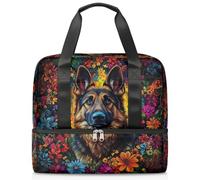 Borsa da palestra con cane pastore tedesco, motivo floreale, per donne e uomini, borsone da viaggio con scomparto per scarpe, grande capacità, per allenamento, fitness, yoga, nuoto, fine settimana