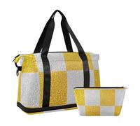 Borsa da palestra con finta scacchiera glitterata bianca e gialla, borsa da palestra con tracolla regolabile per escursioni, grande capacità, Finti quadrati a scacchiera glitter bianco giallo, 1 size