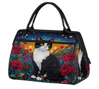 Borsa da palestra con gatto rosa rossa per uomini e donne, pittura a olio con gatto, borsone sportivo da viaggio, impermeabile, borsa da viaggio per il fine settimana borsa da notte leggera da portare