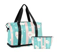 Borsa da palestra con motivo a righe blu e rosa a tema fumetto con agnello e borsa da viaggio, set da 2 pezzi, cartone animato, agnello, blu, androsa, strisce, 1 size