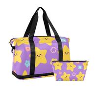 Borsa da palestra con motivo a stelle viola e gialle con tasca bagnata, tracolla regolabile, borsa sportiva per viaggi d'affari, pieghevole, per uomini e donne