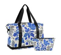 Borsa da palestra con motivo floreale alla moda retrò grigio blu ranuncolo patata dolce borsa da viaggio borsa da palestra con borsa da viaggio grande capacità, Motivo floreale retrò alla moda grigio