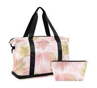 Borsa da palestra con palme tropicali rosa e foglie dorate, grande borsa per il fine settimana, borsa da palestra con tracolla regolabile per viaggi, grande capacità, Palma Tropicale Foglie Rosa E