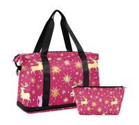 Borsa da palestra con renna e fiocco di neve dorata, grande, per palestra, sport, con tracolla regolabile, set da 2 pezzi, Renna fiocco di neve oro, 1 size