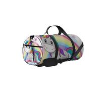 Borsa da palestra con tracolla, cerniera, 2 tasche laterali, per uomini e donne, da viaggio e da riporre, con unicorno bianco e skateboard su un arcobaleno.
